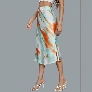 Revolve Blue Green wave pencil satin midi skirt